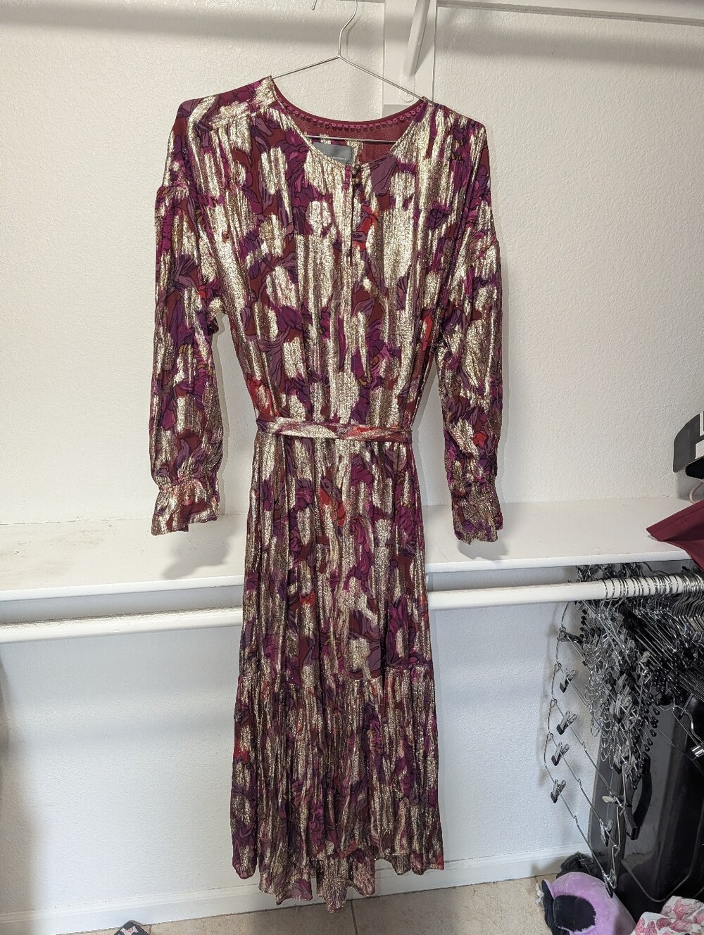 Anthropologie Metallic Gold + Maroon Floral Long-Sleeve Midi Dress